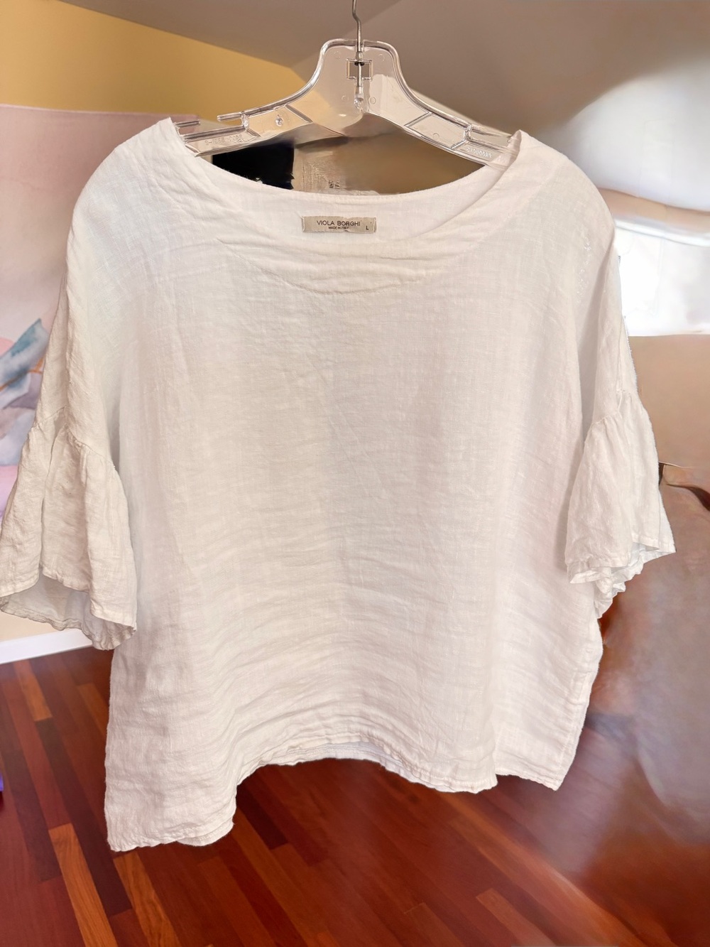 Viola Borghi 100% Linen Made in Italy White Blouse | Size L | Bell Sleeve Top